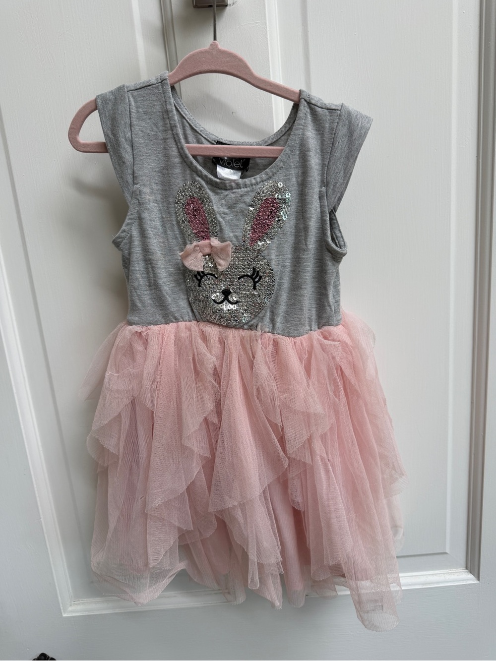Pink & Violet Girls 4 Grey & Pink Bunny Easter Short Sleeve Tulle Ruffle Dress